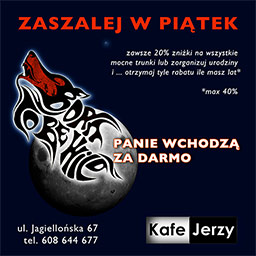 W piątek zaszalej w szczecińskim klubie Kafe Jerzy… 20% rabatu na mocne trunki, no chyba że masz urodziny a wtedy…