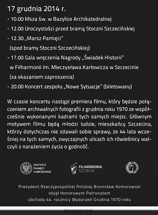 Szczecin, obchody rocznicy Grudzień ’70, wydarzenia grudniowe, 17.12.2014, w Szczecinie