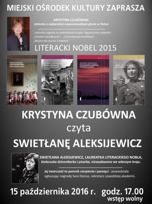 ARCHIWUM. Police. Wydarzenia. 15.10.2016. Krystyna Czubówna czyta Noblistkę @ Miejski Ośrodek Kultury w Policach