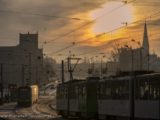 2 stycznia 2020, Szczecin na co dzień tramwaje na ul. Wyszyńskiego, mroźny wschód słońca nad Szczecinem