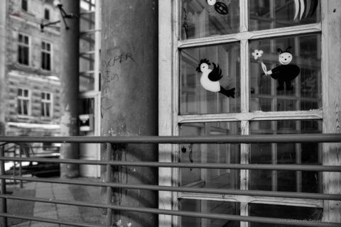 Fotografia. Szczecin na co dzień. 08.07.2023. zabawne wyklejanki w oknie w Szczecinie