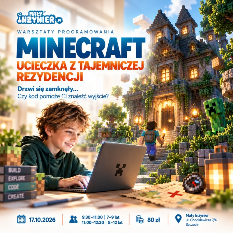 Szczecin. 17.10.2026. Minecraft – Ucieczka z tajemniczej rezydencji – warsztaty programowania dla dzieci