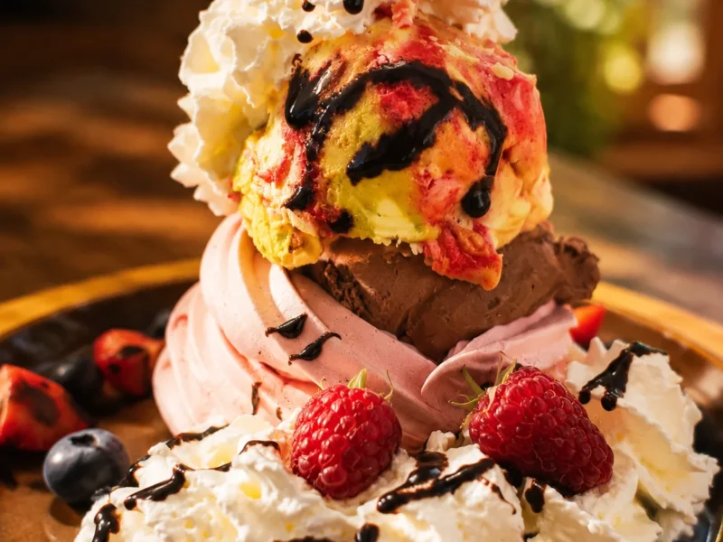 Lody w bezie z bitą śmietaną, owocami i polewą — Cyryla30